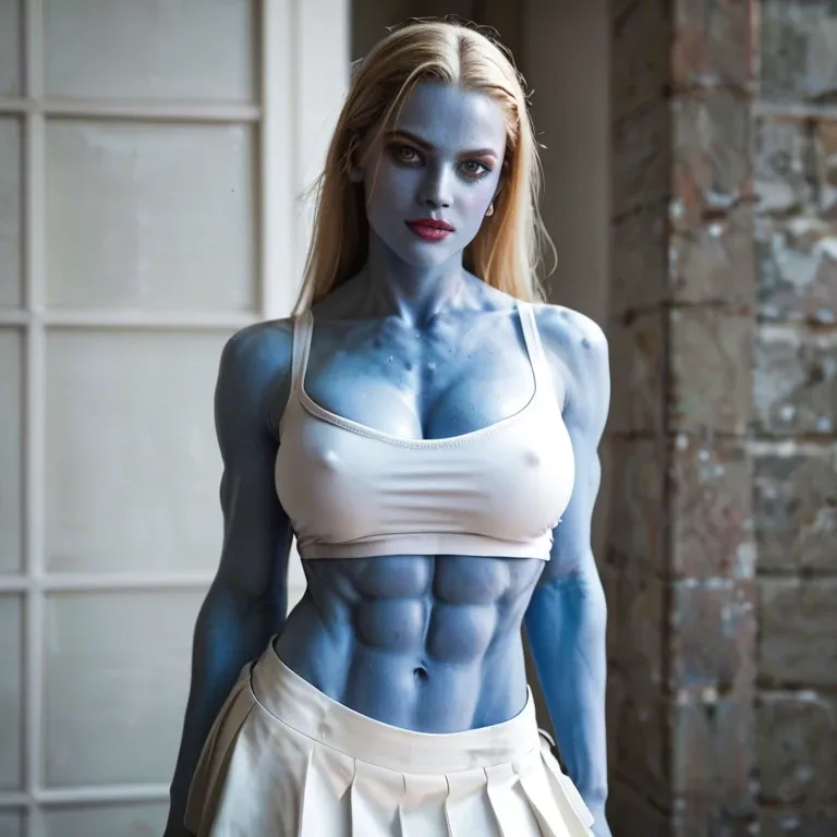 1girl, mini skirt, white skirt, smurf, blue skin, abs, boobs, smurfette