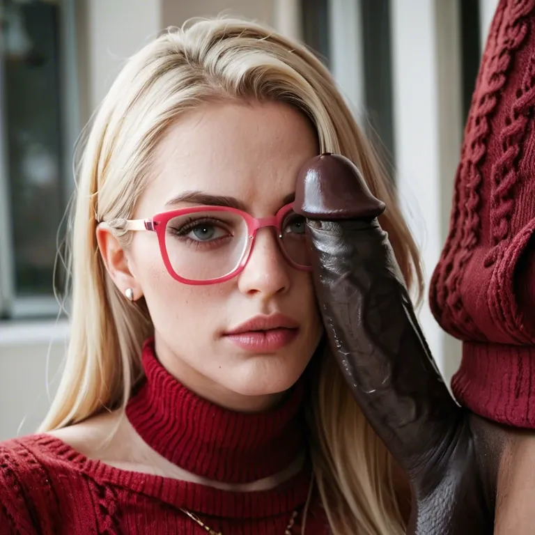 Blonde. Pink glasses. Tick booty.  Burgundy sweater. Black Cock jerking off behind