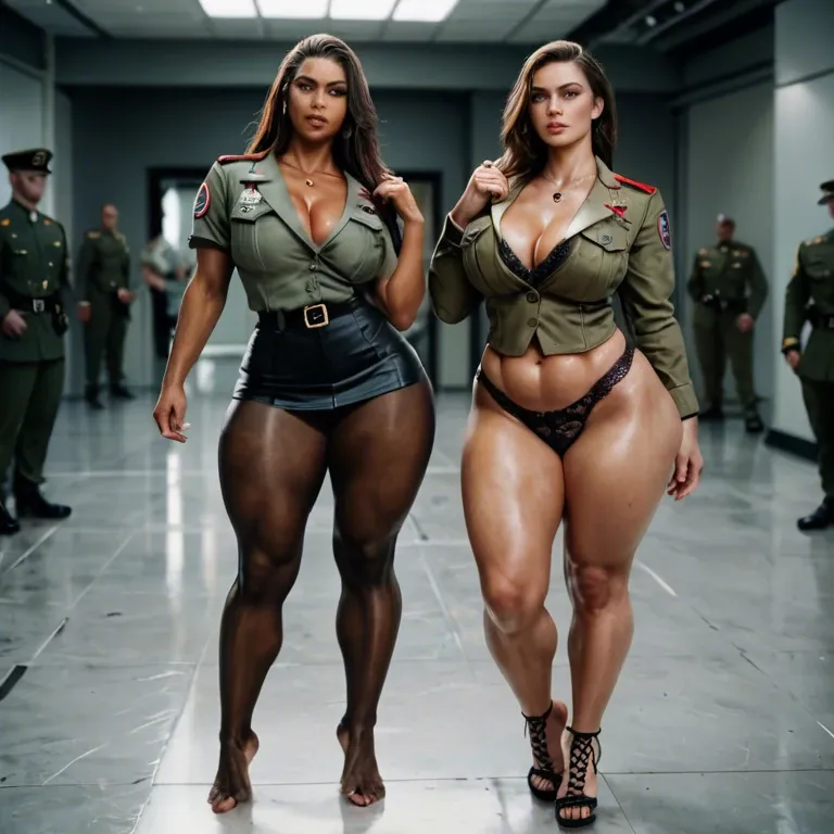 2girl, , , , lips,monster feet,round tits,chest up,tan skin, jaw,trained thighs,huge boobs,wide plump hips,purple necklace, army uniform,pantyhose,lace panties,laced bodysuit,high heels, nightclub, in the river, cyberpunk, cyborg, detailed face, dimly lit, 2b, jasmine