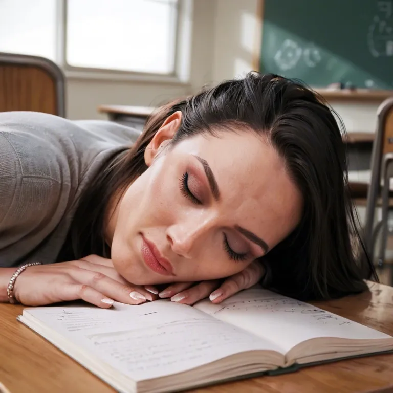 A sleeping teacher and a student in the classroom in a dodgestyle pose