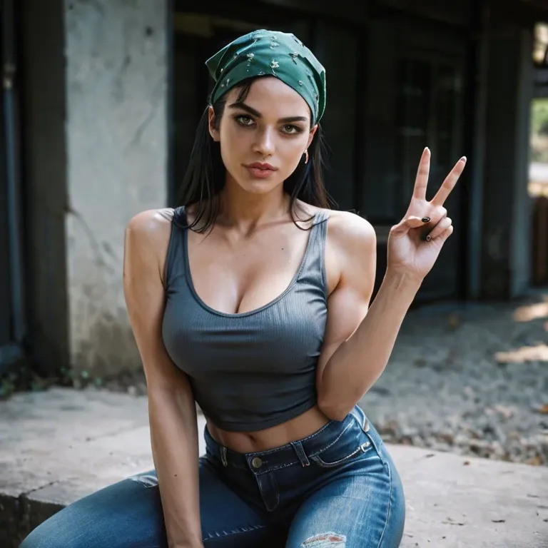 Black hair, blue jeans, dark grey tank top, green bandana, peace necles