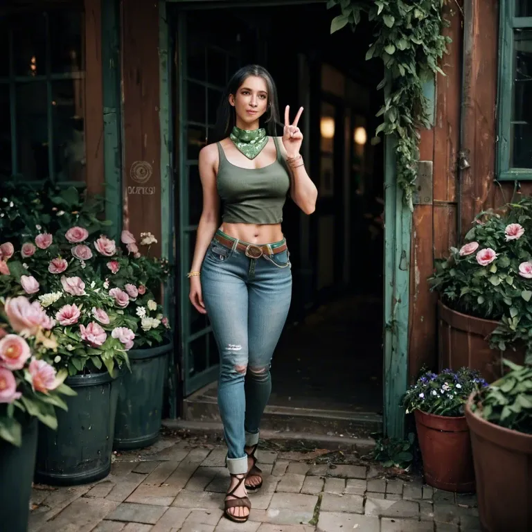 Black long hair, blue baggy Jeans, green bandana with pink flowers, dark grey tank top, brown sandals, peace necles, arm rings, big white belt with golden spots