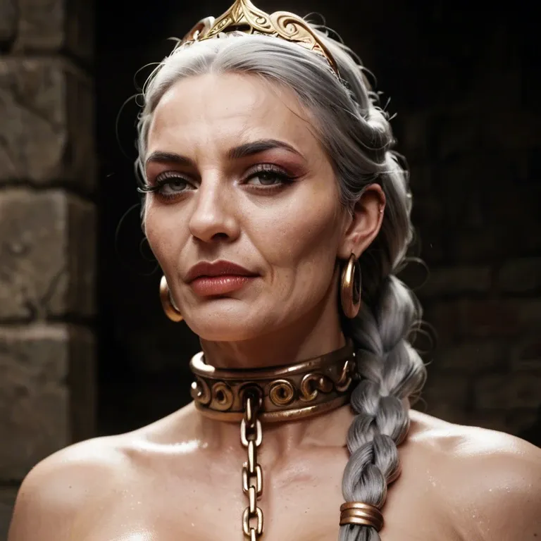 a naked, heavyset, 55-year-old GILF Slave Leia, with a mature face, gray hair in a hip-length braid, a heavy chained slave-collar around her neck, a metal tiara woven into her hair, and huge pendulous breasts with metal rings piercing her nipples, metal rings piercing her outer labia, wearing crotchless fishnet stockings and fingering her clitoris