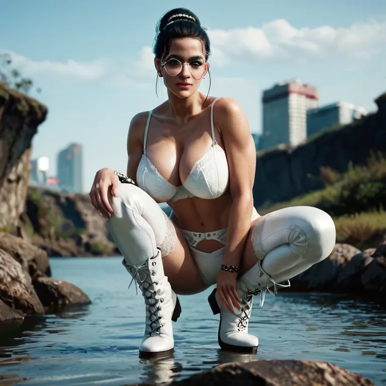 ,round  feet,huge breasts,stomach,one knee up, dressed,anklets,round glasses,one-piece,white boots, blouse,laces,feet tied,lingerie,boots, bare shoulders, in the river, cyberpunk, phone pov, tifa, mari makinami