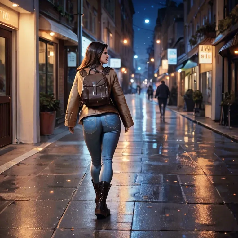 Woman, brown shoulder-length hair, street, jeans, boots, coat, night, walking, happy, backpack, visible from behind,by night