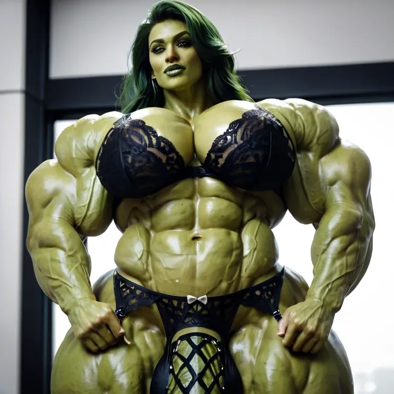 she hulk, female massive muscles, massive muscle, huge muscle body, hyper massive muscles trapèze, hyper massive muscles épaule, hyper massive muscles biceps, huge boobs, futa large cock, lingerie