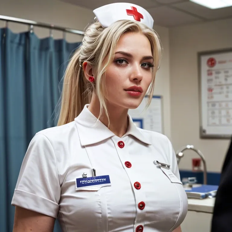 a photography of a, [41yo blonde girl], with man, (((BBCCum))), (high ponytail, nurse uniform), hospital, detailed skin, highly detailed, hyperrealism, <lora:BBCCum:.7>