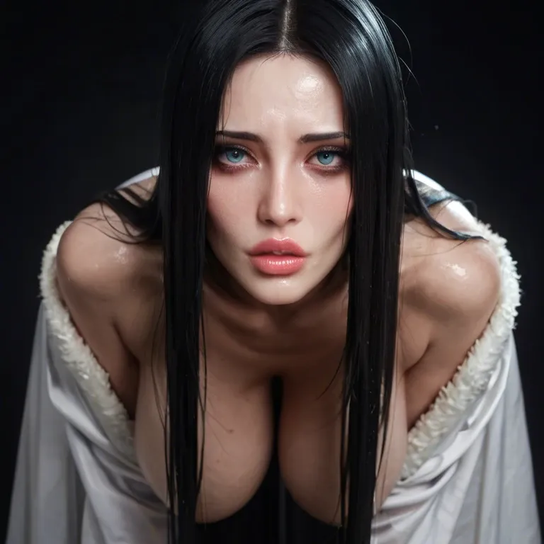 Korean Boa Hancock + yamamura sadako coming out of tv dark background sexy high arch feet, shy heart shaped face Detailed almond blue eyes full lips straight nose black hair, curvy body, huge hanging breasts ,5 fingers