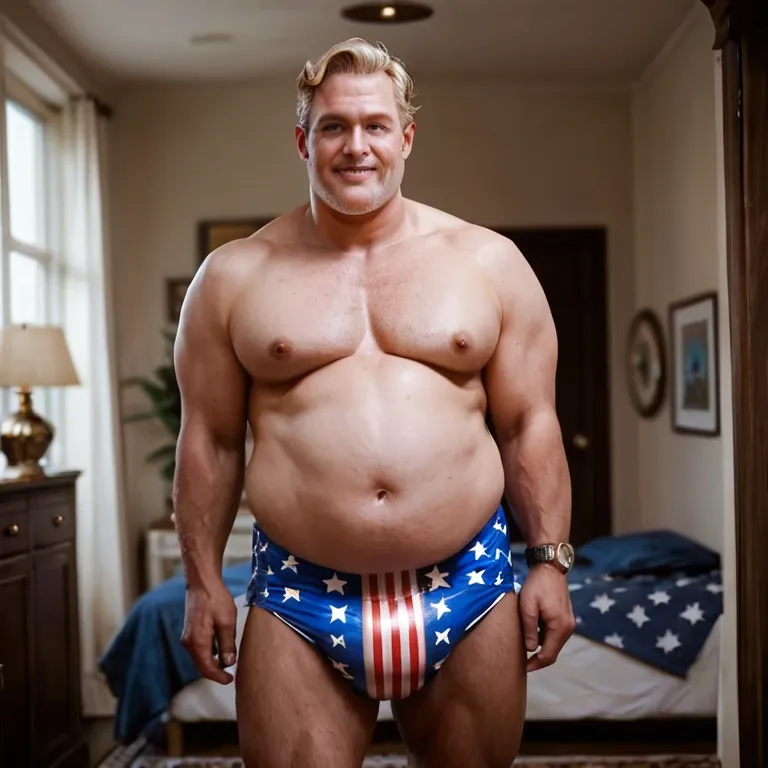 Fat older man (solo, main focus),  Donald Trump's face and hair (thin blonde combover, No facial hair).  Fat belly.  Nude except for a diaper with patriotic America flag theme.  In a golden room.