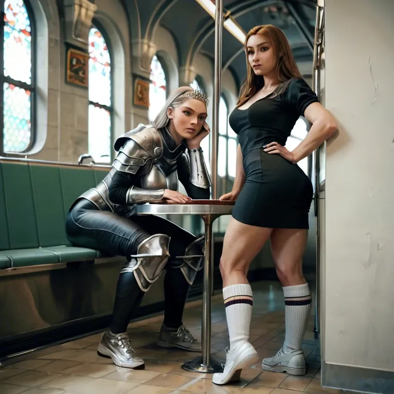 2girl, , , , hazel eyes,armor,round boobs,hands on table,elbow, shirt pull,knee socks,silver tiara,black bodysuit,white sneakers, bathroom, crowded train, castle, magic dildo, shelf, tifa lockhart, spider-gwen, dynamic angle