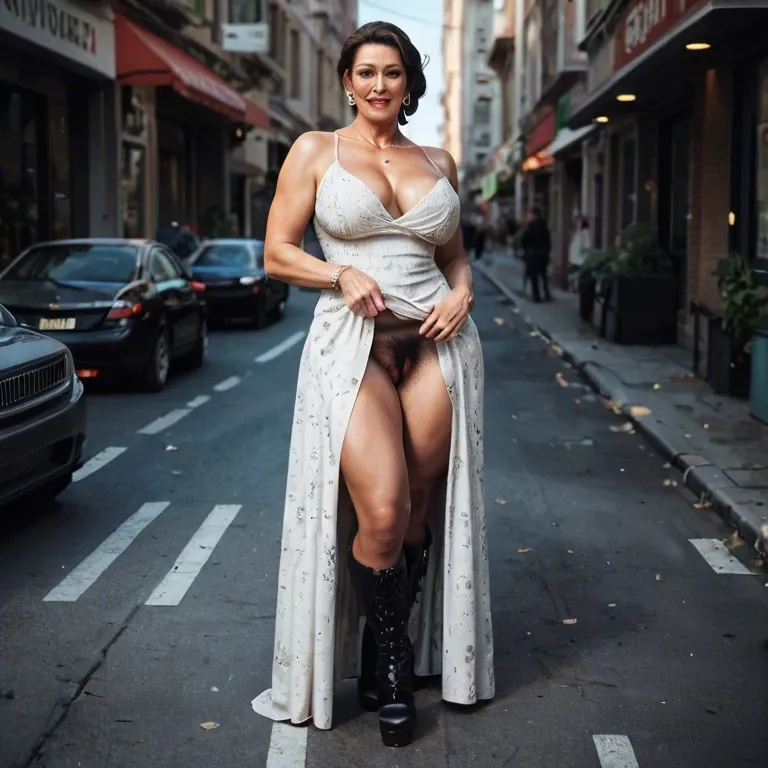 Milf, dress, big hips, high boots, hairy pussy, street, flashing pussy,