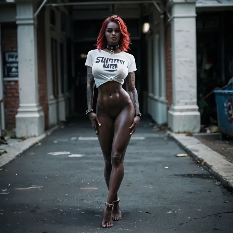 1girl,nude, , , perfect nose,feet,slippery nipple,grabbing hips,black skin, closed mouth,tattooed arms,slippery nipple,microwaist,wrist, pull shirt,anklets,dog collar,no bra,running shoes, no pants,black leggings,shaped jewelry,loose bra,stiletto heels, maebari, train, spaceship, phone screen, lara croft