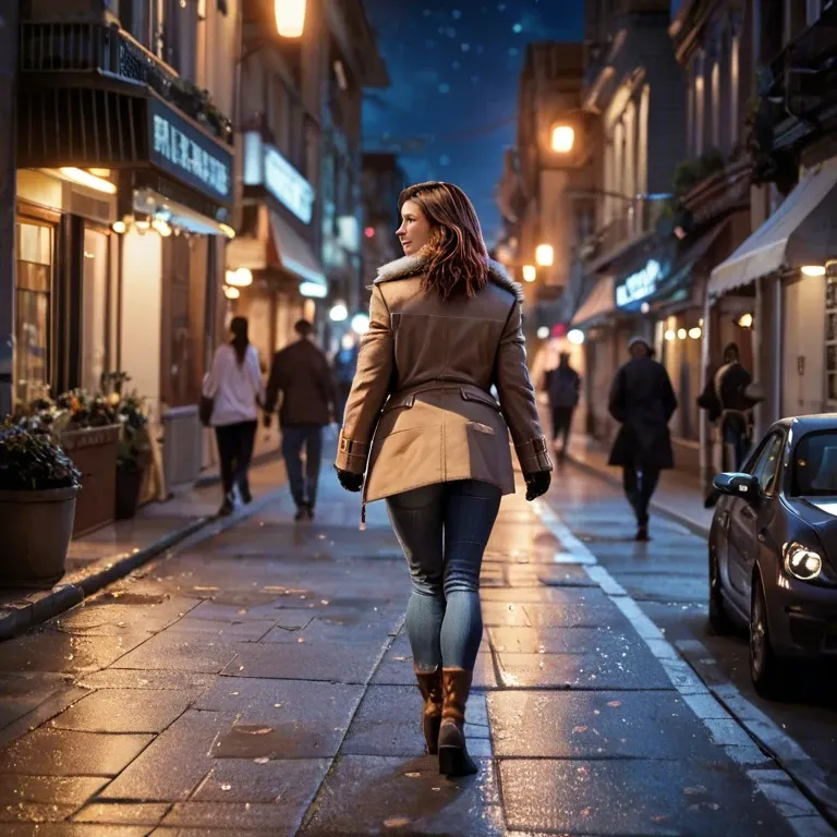 Woman, brown shoulder-length hair, street, jeans, boots, coat, night, walking, happy, visible from behind,by night