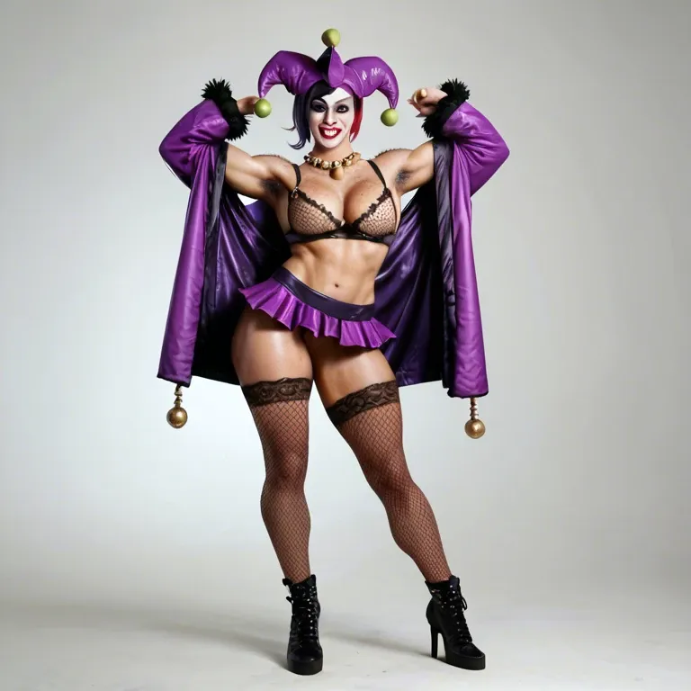 1girl,solo, , , , heavy freckles,armpit hair,perfect nipples,pecs,purple necklace, micro skirt,lace bra,jester cap,bodysuit,shoes, robe,fishnet thighs,no panties,white bra,running shoes, baggy pants,gold stockings,gold necklace,panties aside,boots, bar, spaceship, shelf, belle