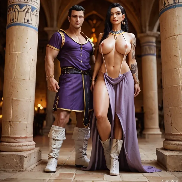 1girl,1boy, , , , dimples,arms tattooed,pink nipples,absurd,ankles, medieval dress,baggy socks,bracelets,sling bikini,white boots, purple dress,egyptian palace,racing gloves,white bra,stiletto heels, embarrassed, water sparkles, throne room, robot body, equine dildo, princess zelda