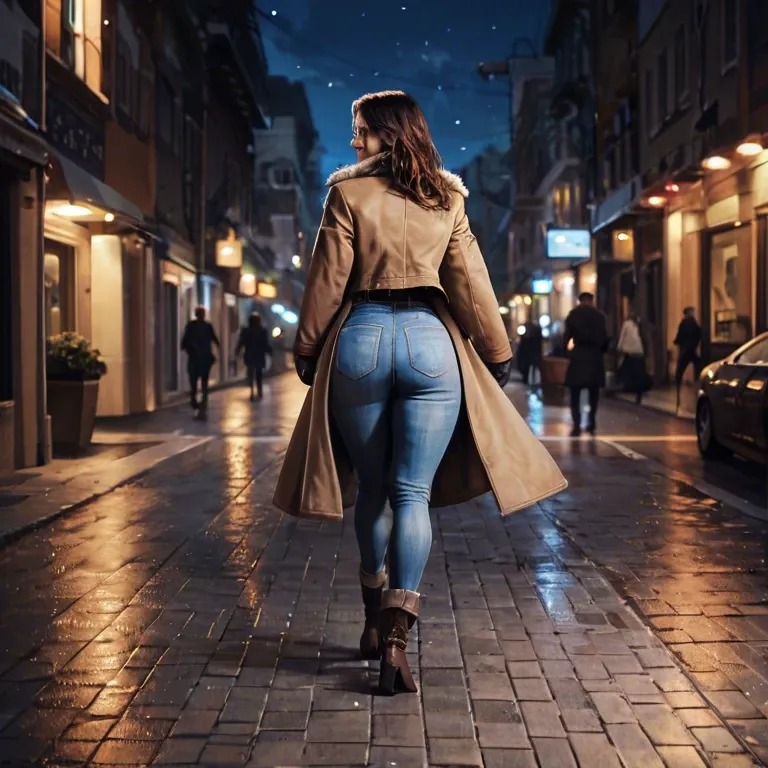 Woman, brown shoulder-length hair, street, jeans, boots, coat, night, walking, happy, visible from behind,by night, No face