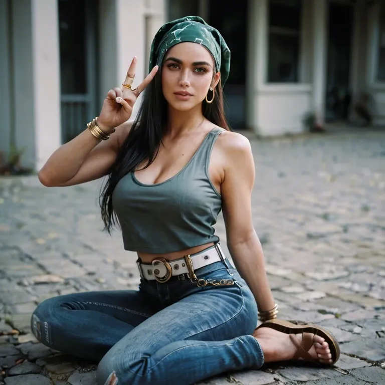 Black long hair, blue baggy Jeans, green bandana, dark grey tank top, brown sandals, peace necles, arm rings, big white belt with golden spots