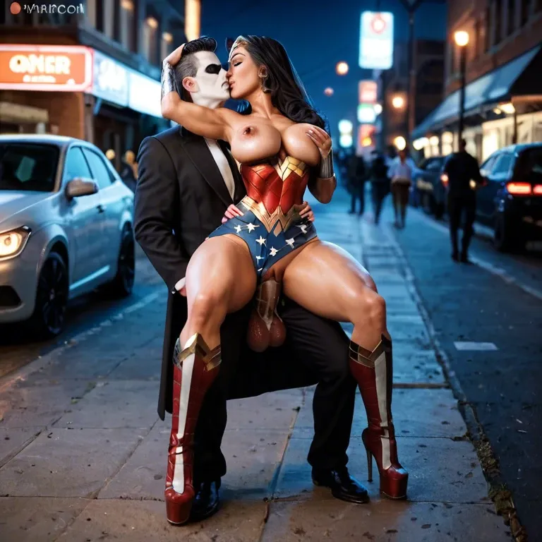 Sexy Wonder woman with wide hips, thin waist, big round breast and extreme huge ass , ,sex with joker , pussy creampie by massive cock in public places at night, costume , kissing batman