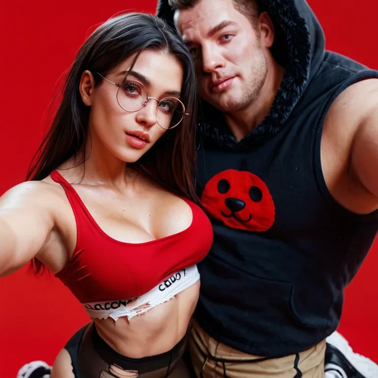 1girl,1boy, , , , cheekbones,selfie arms,round big tits,red background,tight tank top, shirt torn off,lace stockings,round glasses,sexy red bikini,sneakers, bear costume,torn pantyhose,suspender belt,lace lingerie,ballet shoes, yellow tank top,lace tights,garter belt,cotton panties,armored boots, bedroom, spaceship, computers, detailed skin, bright-lit room, super mario, elsa