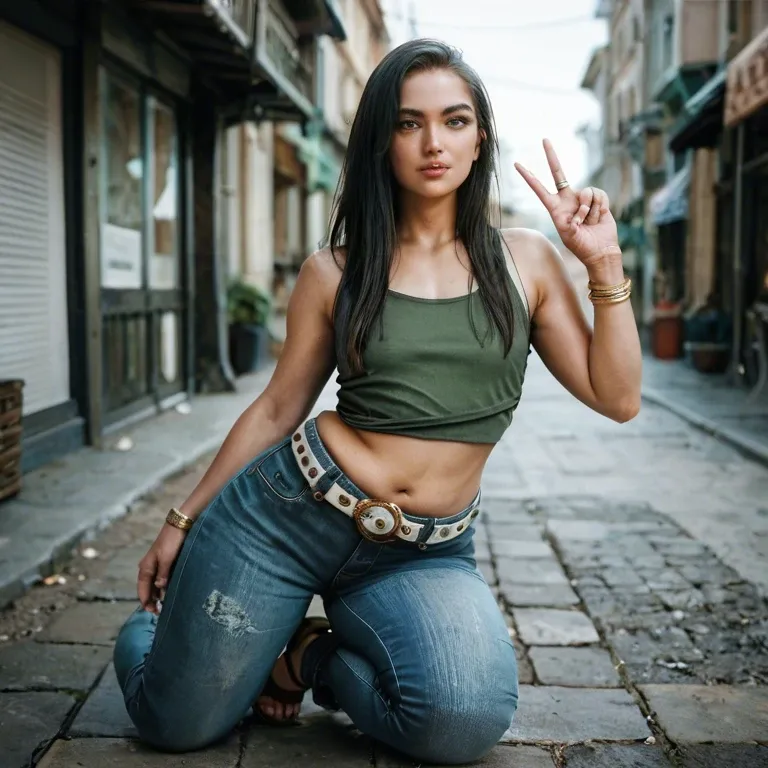 Black long hair, blue baggy Jeans, green bandana, dark grey tank top, brown sandals, peace necles, arm rings, big white belt with golden spots,  chunky, flat chest