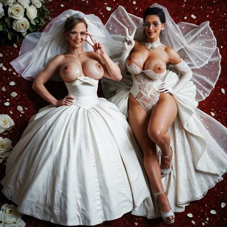 2girl, , , , mechanical eye,hands on hips,perky nipples,on back,pale skin, nose ring,v hand sign,large areola,large breast,wrists, wedding dress,anklets,circle glasses,wet bra,gothic boots, oozora subaru, train, spaceship, shelf, detailed photo, chiaroscuro, ariel waifu