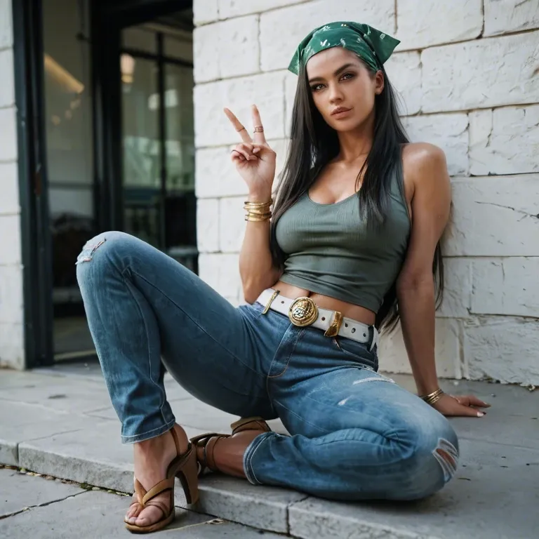 Black long hair, blue baggy Jeans, green bandana, dark grey tank top, brown sandals, peace necles, arm rings, big white belt with golden spots, pubic hair