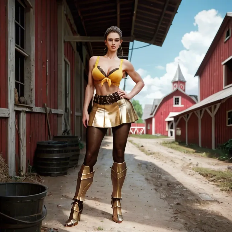 1girl,solo, , , , iris,armored boots,big tits,absurd,yellow tank top, taut skirt,tights,tied,bra,high heels, barn, alleyway, castle exterior, belle, waifu