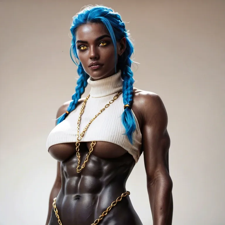 Closeup, girl, yellow eyes, blue hair, braids, golden necklace, golden chains, turtleneck, underboob, abs, black skin