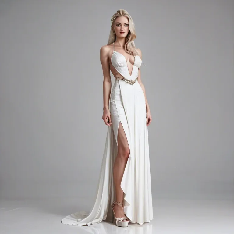 Skinny blond model with white dress, full body