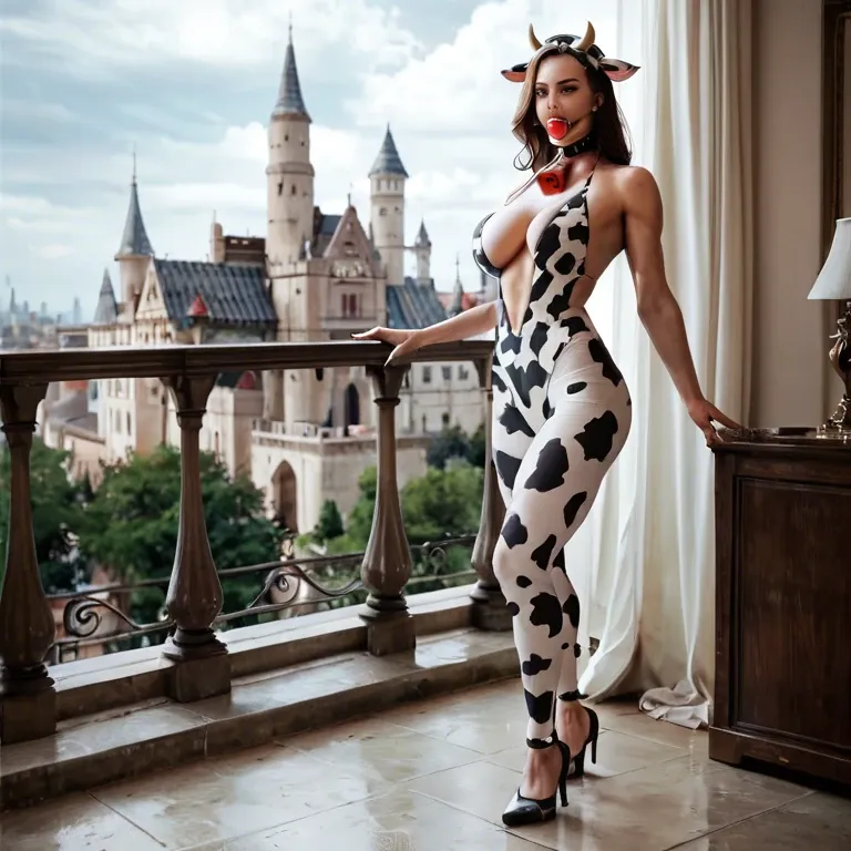 1girl,solo, , , , cheekbones,long toes,big boobs,busty chest,neck, cow costume,tights,black tie,white swimsuit,heels, royal bedroom, city, castle exterior, red ball gag, linked, spider-gwen, rapunzel waifu