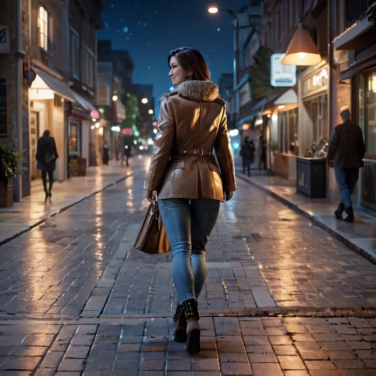 Woman, brown shoulder-length hair, street, jeans, boots, coat, night, walking, happy, visible from behind,by night, No face, Not face see