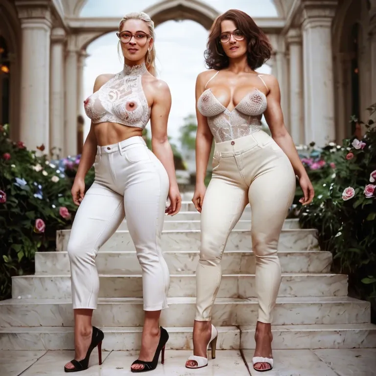 2girl, , , , strong jaw,on elbows,perky boobs,hips,bare shoulders, rosy cheeks,ankles,defined nipples,wide hips,neck, white pants,white lace,glasses,panties aside,heels, brown skirt,knee socks,big earrings,black lace bra,white boots, black leggings,fishnet gloves,suspender belt,lace bra,running shoes, spaceship, desk, 2b, spider-gwen, dynamic