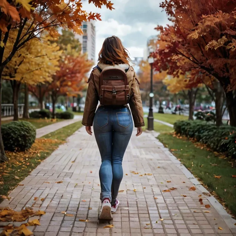 Woman, brown shoulder-length hair, park, jeans, sneakers, coat, autumn day, walking, happy, backpack, visible from behind,by night