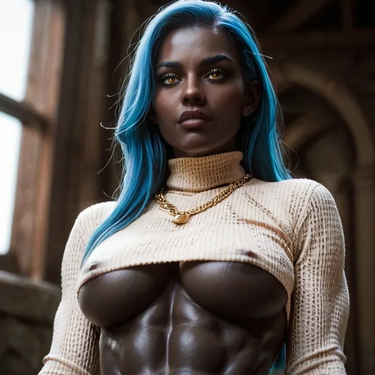 Closeup, girl, yellow eyes, blue hair, golden necklace, golden chains, turtleneck, underboob, abs, black skin, nipples