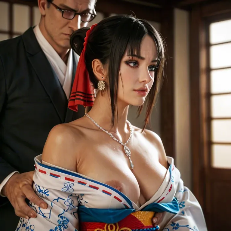 Princess kaguya abused by creep from behind. She is young and in her kimono. Tender young body. The mans hands are inside her clothes and she is looking down,