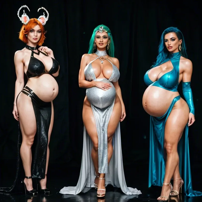 3 teen girls, big breasts, thicc thighs, pregnant bellies bursting out of cosplay clothes, ready for my cock