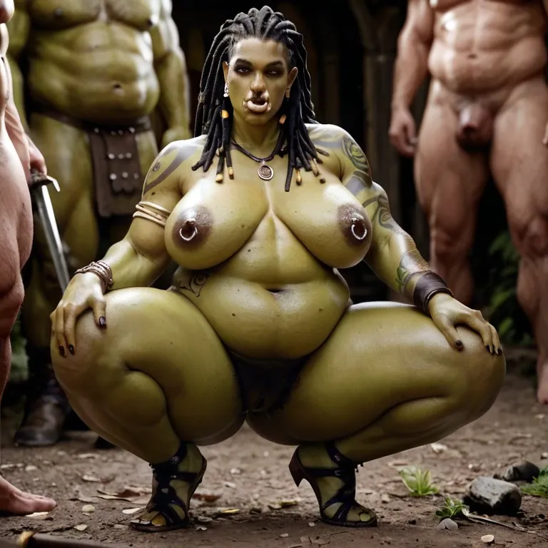 Bbw, orc, naked, massive tits, pierced nipples, green skin, fat belly, big hips, tattoos, tusks, dreadlocks, warrior, hairy pussy, hands and knees