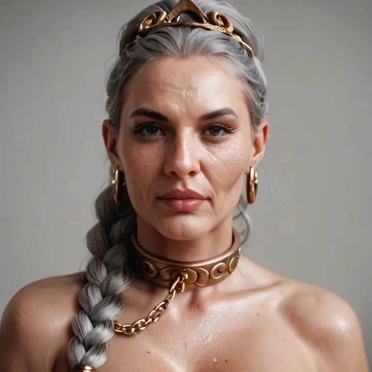 a naked, heavyset, 55-year-old GILF Slave Leia, with a mature face, heavily-freckled skin, gray hair in a hip-length braid, a heavy chained slave-collar around her neck, a metal tiara woven into her hair, and huge pendulous breasts with metal rings piercing her nipples, lying on her back on a pile of silk pillows and fingering her clitoris