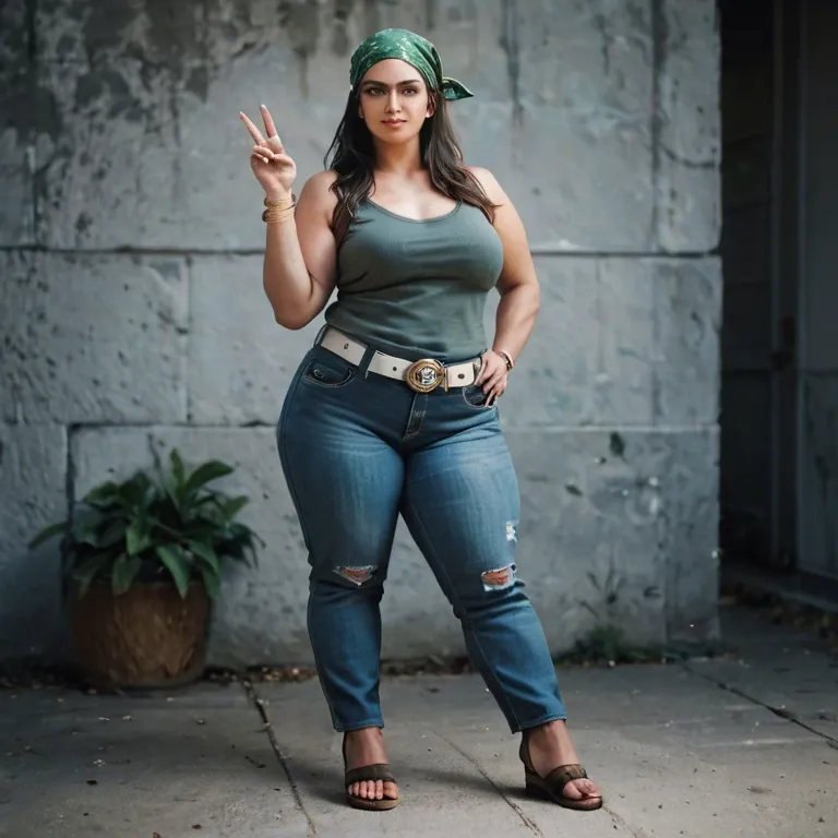 Black long hair, blue baggy Jeans, green bandana, dark grey tank top, brown sandals, peace necles, arm rings, big white belt with golden spots,  chunky