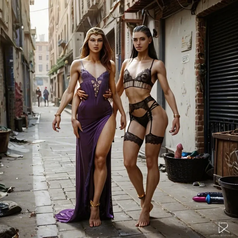 2girl, , , , sharp jawline,extra arms,flat chest,medium hips,collarbone, purple dress,gold anklets,tiara,lingerie,no shoes, bedroom, alleyway, dildos, painted, brightly lit, princess peach, wonder woman, dynamic