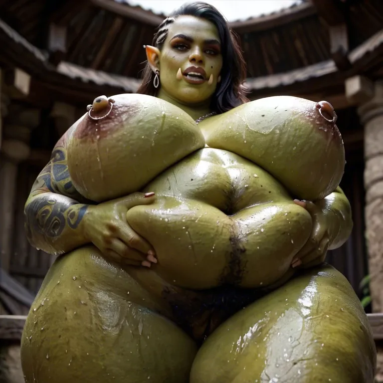 Orc, woman, obese, massive breasts, big belly, fat, green skin, pericings, tattoos, tusks, wet pussy, hairy, wild, gorgeous, hairy pussy, horny, fat belly, pierced nipples, lactating, pregnant, sexy, doggy style