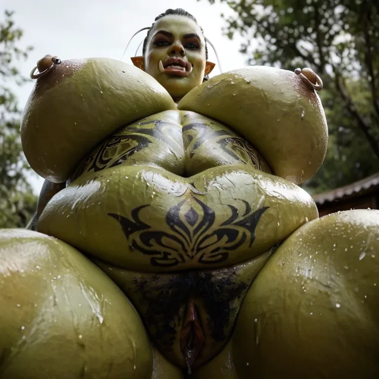 Orc, woman, obese, massive breasts, big belly, fat, green skin, pericings, tattoos, tusks, wet pussy, hairy, wild, gorgeous, hairy pussy, horny, fat belly, pierced nipples, lactating, pregnant, sexyprincess , gold chain