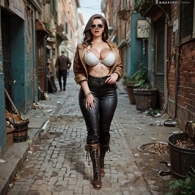 1girl,1boy, , , , heavy freckles,kneepits,large boob slip,hips grab,light oily skin, brown jacket,fishnets,sunglasses,white bra,brown boots, baroque, dark alleyway, cyberpunk, floating dildo, zelda, wonder woman, rapunzel waifu