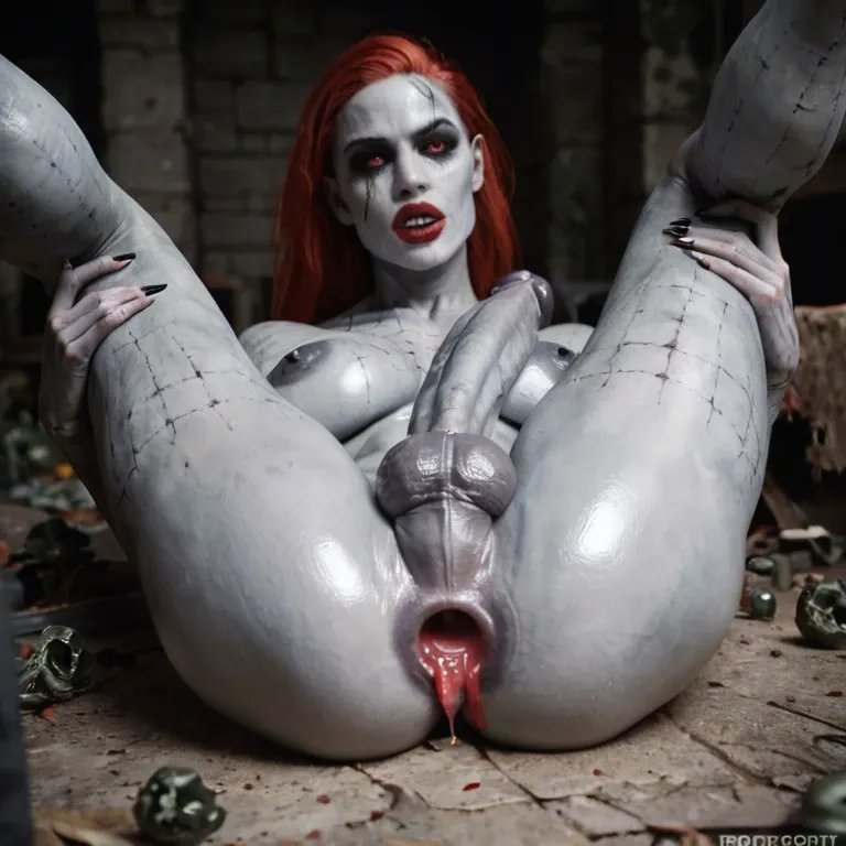 solo gorgeous futanari zombie, big tits, big cock, maggot-infested, grey skin,  rotting flesh, naked crypt, teasing, rotten cock in ass