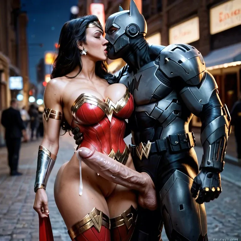 Sexy Wonder woman with wide hips, thin waist, big round breast and extreme huge ass , ,sex with Cyborg, pussy creampie by massive cock in public places at night, costume , kissing batman