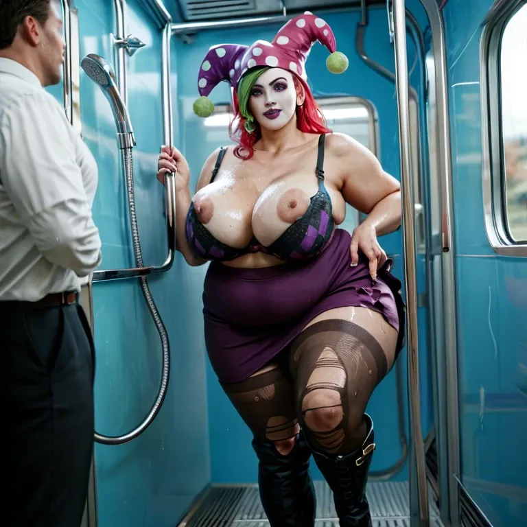 1girl,1boy, , , , purple lips,fat obese arms,large areola,blue background,knee up, underskirt,torn pantyhose,jester cap,pulled bra,thigh boots, shower, crowded train, bedsheets, linked collars