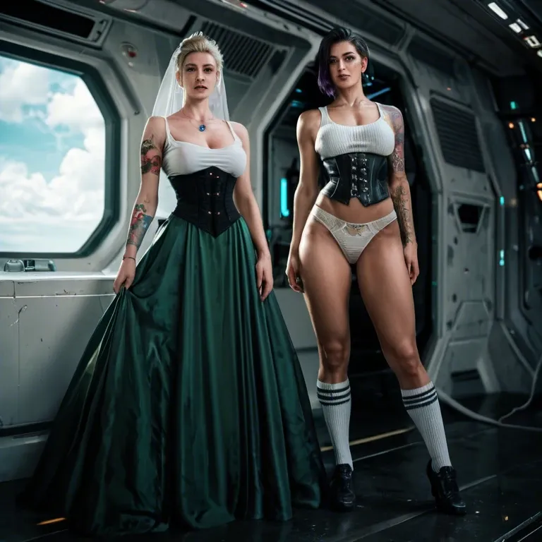 2girl, , , , lustful eyes,arm tattoos,saggy boobs,spaceship,white tank top, dark green gown,socks,panties on,corset piercing,shoes, shirt lifted up,purple necklace,veil,leotard aside,running shoes, couch, cyberpunk, princess zelda, wonder woman, hatsune miku