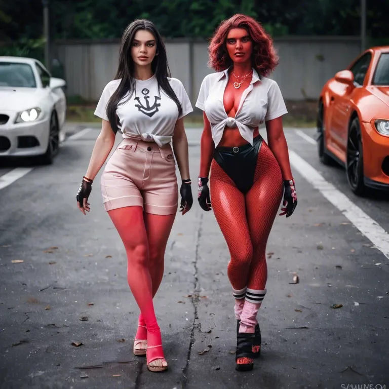 2girl, , , , glowing eyes,warm light,saggy boobs,hips,red skin, tied shirt,pink stockings,anchor necklace,mesh bodysuit,strappy sandals, uniform,baggy socks,racing gloves,print panties,gothic boots, bathroom, crowded street, dungeon, vibrator, zelda sd, spider-gwen, dynamic angle