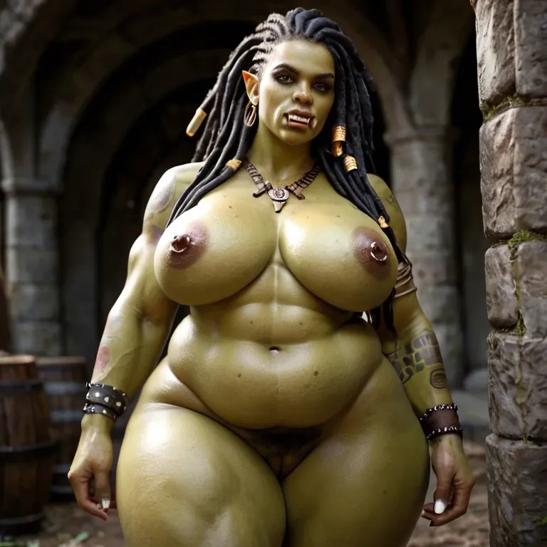 Bbw, orc, naked, massive tits, pierced nipples, green skin, fat belly, big hips, tattoos, tusks, dreadlocks, warrior, hairy pussy