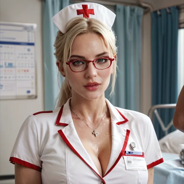 a photography of a, [41yo blonde girl], with man, (((BBCCum))), (high ponytail, nurse uniform), hospital, detailed skin, highly detailed, hyperrealism, <lora:BBCCum:.7>